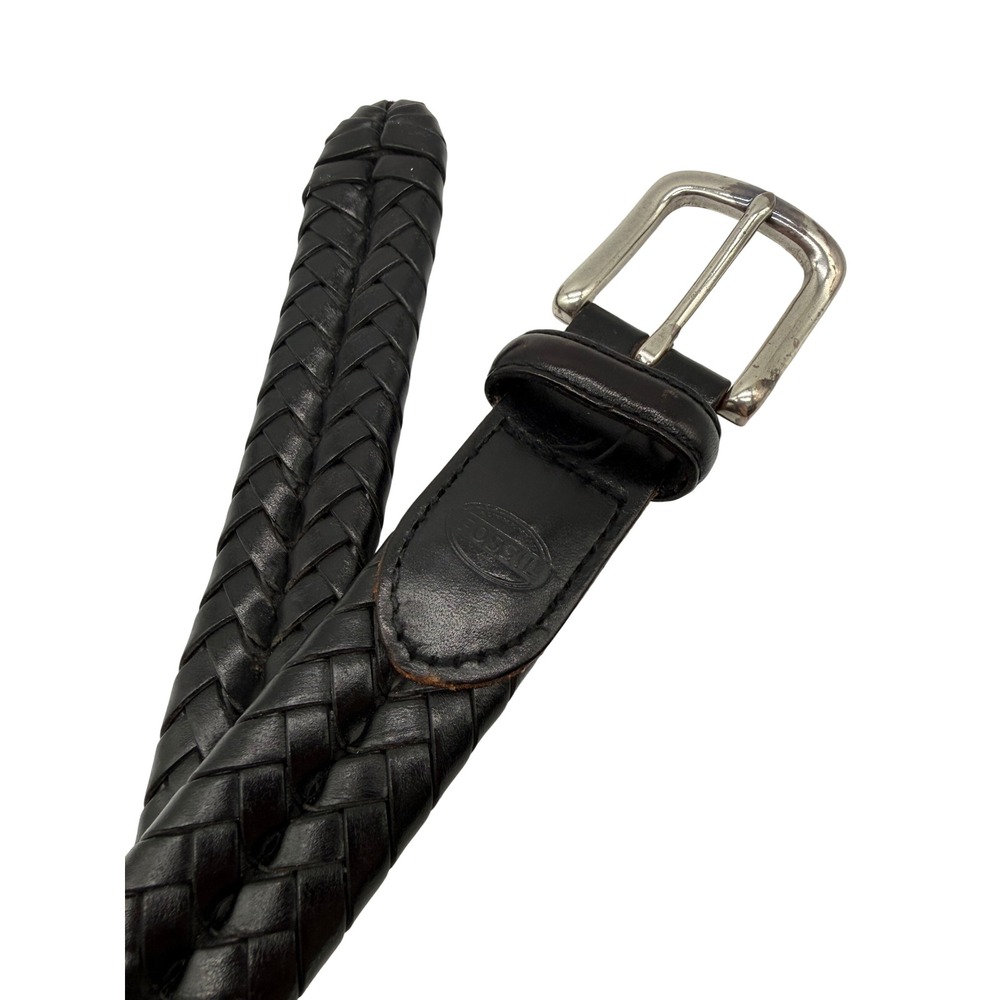 Fossil Braided Belt Mens 34 Black Woven Leather Silver Buckle MB3040001